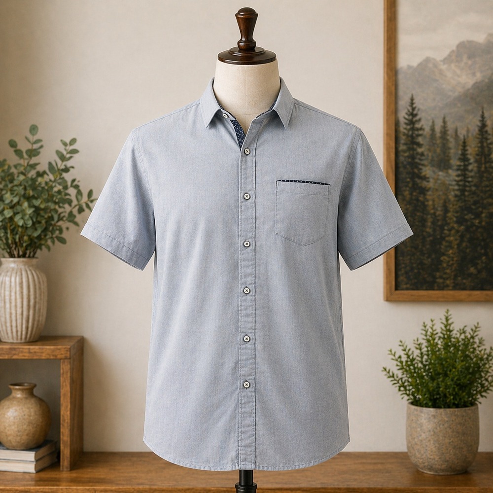 Craft + Flow Mens Short Sleeve Button Down Shirt Blue Large Pocket